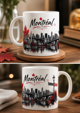 Mug Montreal aus zwei Perspektiven mit Skyline des Vieux-Port und Jacques-Cartier-Brücke in Aquarell