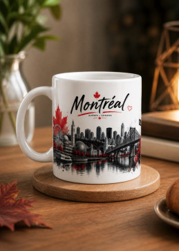 Mug Montreal auf Holzuntersetzer mit Aquarell-Skyline des Vieux-Port und Jacques-Cartier-Brücke