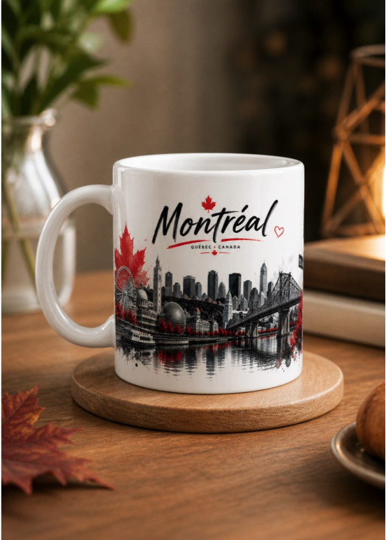 Keramische mok Montreal met aquarel-skyline, Pont Jacques-Cartier en rode esdoornbladeren