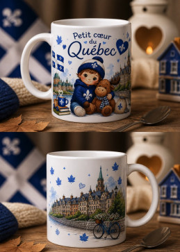 Tazza in ceramica Petit Cœur du Québec con bambino in berretto e alce di peluche, gigli azzurri