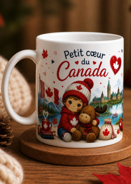 Mug céramique Petit Cœur du Canada avec enfant en tuque rouge et ourson, feuilles d'érable