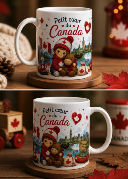 Mug céramique Petit Cœur du Canada avec enfant en tuque rouge et ourson, feuilles d'érable
