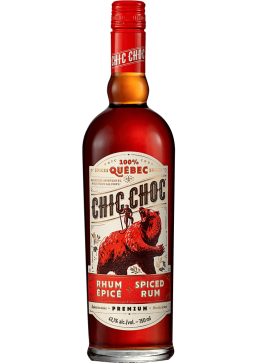 Chic Choc fles zijaanzicht op beige achtergrond, gedetailleerd etiket van dichtbij