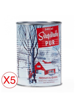Pack of 5 cans of pure amber maple syrup 540 ml, Canadian label featuring snowy scene with sugar shack