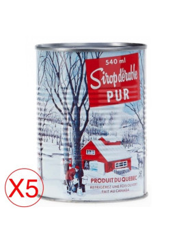 Lata de jarabe de arce dorado puro 540 ml, etiqueta canadiense con cabaña azucarera nevada, insignia X5
