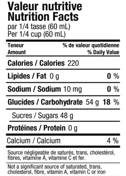 Tabella nutrizionale dello sciroppo d'acero 540 ml: calorie, carboidrati, zuccheri e minerali per 60 ml